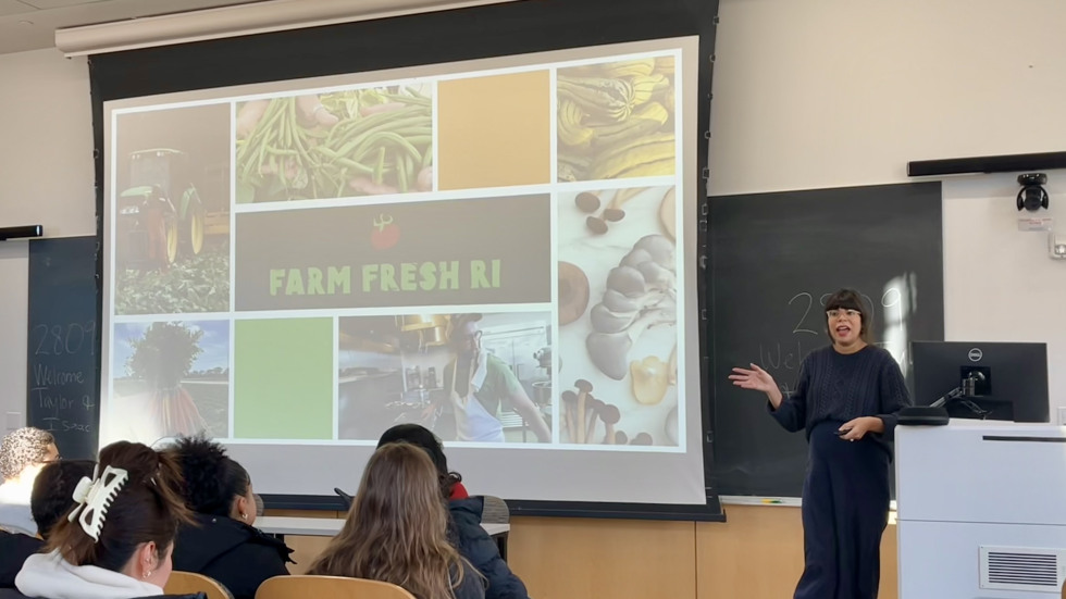 A woman presenting at the front of a classroom